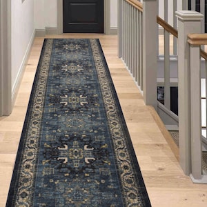 Custom Size Runner Rug Persian Medallion Navy Blue Natural Cotton Backing Hotel Quality Pick Your Own Size By Up to 50 Ft, Width 26&quot; or 35&quot;