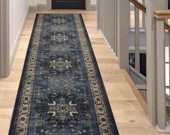 Custom Size Runner Rug Persian Medallion Navy Blue Natural Cotton Backing Hotel Quality Pick Your Own Size By Up to 50 Ft, Width 26&quot; or 35&quot;