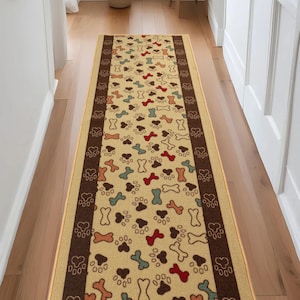 Machine Washable Custom Size Runner Rug Pet Paw Beige Skid Resistant Runner Rug Cut To Size Non Slip Customize By Feet, 26", 31" or 36" Wide