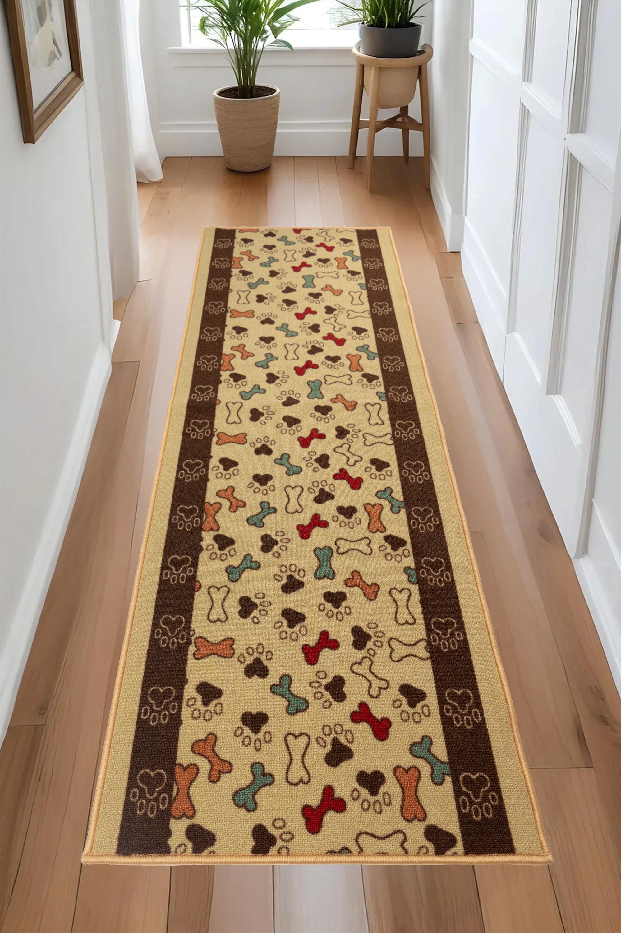 Machine Washable Custom Size Runner Rug Pet Paw Beige Skid Resistant Runner Rug Cut To Size Non Slip Customize By Feet, 26", 31" or 36" Wide