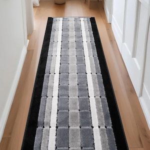 Machine Washable Custom Size Runner Rug Geometric Square Grey Black Slip Resistant Rug Runners Customize By Feet and 26&quot;, 31&quot; or 36&quot; Width