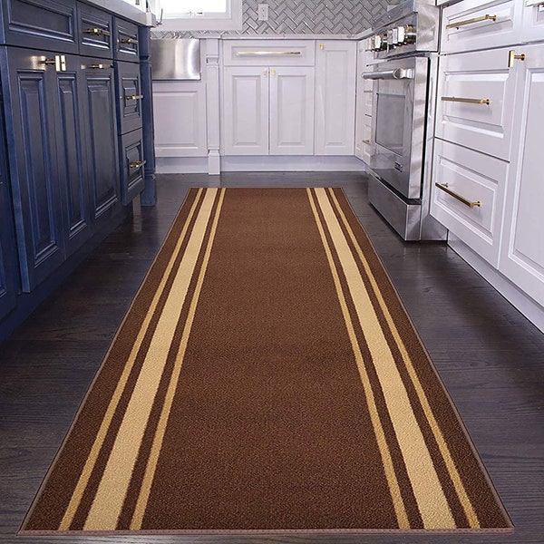 Machine Washable Custom Size Runner Rug Solid Brown with Beige Bordered Non Skid Runner Rugs Customize By Feet and 26", 31.5" or 36" Width