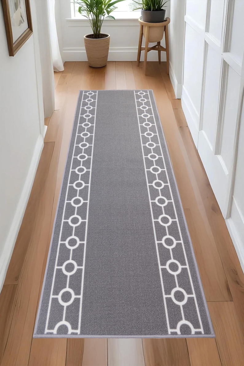Border Rug Runner Custom Size Grey Runner Rug, Chain Border, Non-slip, Machine Washable ...