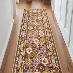 Machine Washable Custom Size Runner Rug Oriental Bakhtiari Beige Non Slip Runner Rugs Customize By Feet and 26&quot;, 31.5&quot; and 36&quot; Width Options