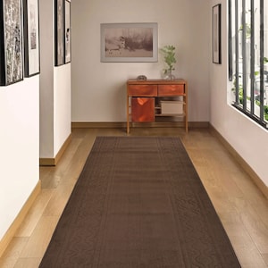 Machine Washable Custom Size Moroccan Trellis Border Solid Brown Skid Resistant Runner Rugs Customize By Feet and 26&quot; or 36&quot; Width Options