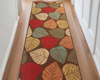 Custom Size Brown Floral Leaves Runner Rug: Machine Washable, Slip Resistant , 26" Wide and up to 50 Feet Long