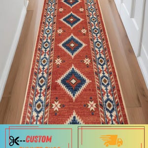 Custom Size Southwestern Runner Rug: Red Orange Tribal Design ,  26"-35" Wide and Up to 50 Feet Long