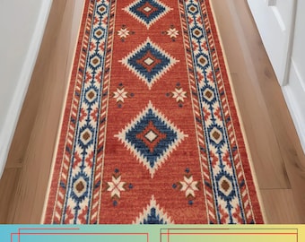 Custom Size Southwestern Runner Rug: Red Orange Tribal Design ,  26"-35" Wide and Up to 50 Feet Long