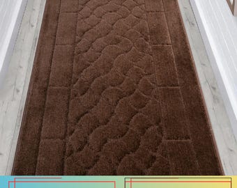 Machine Washable Brown Abstract Runner Rug, Non-Slip Skid Resistant, Custom Size Hallway Runner 26” 32” 36” Wide, Up to 50 Ft Long
