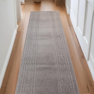 Custom Size Moroccan Trellis Grey Runner Rug: Skid Resistant, Machine Washable