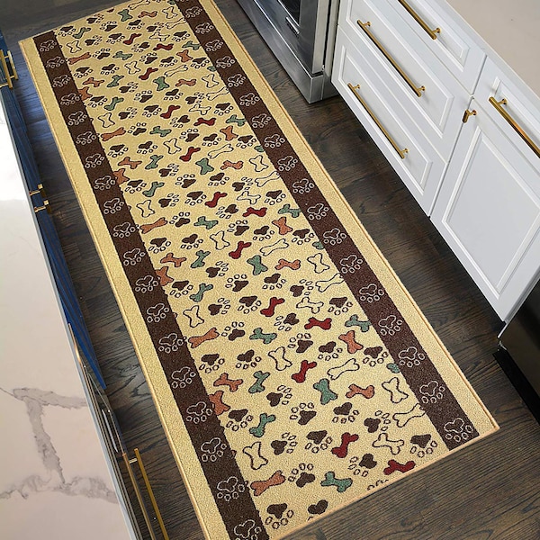 Machine Washable Custom Size Runner Rug Pet Paw Beige Skid Resistant Runner Rug Cut To Size Non Slip Customize By Feet, 26", 31" or 36" Wide