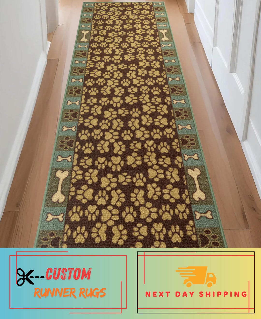 Paw Print Runner Rug Machine Washable Pet Paw Runner Rug: Brown & Teal, Skid Resistant 26 ...