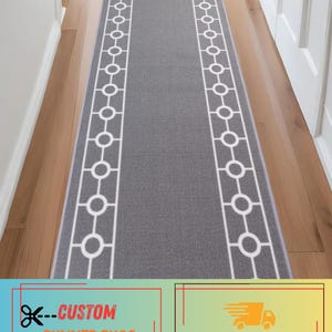Custom Size Grey Runner Rug, Chain Border, Non-Slip, Machine Washable, 26” 32” 36” Width, Up to 50 Ft Long