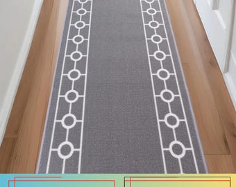Custom Size Grey Runner Rug, Chain Border, Non-Slip, Machine Washable, 26” 32” 36” Width, Up to 50 Ft Long