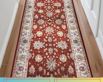 Custom Size Red Floral Runner Rug: Skid Resistant, Machine Washable