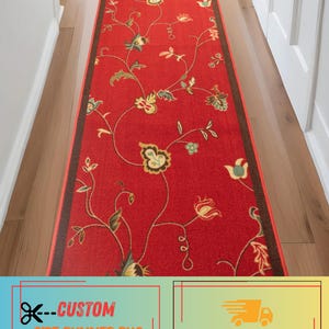 Machine Washable Red Floral Runner Rug: Skid Resistant, Custom Size , 26"- 36" Wide, Up to 50 Ft Long