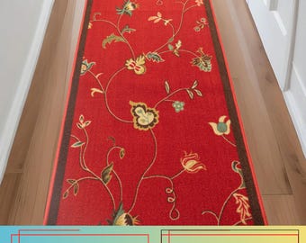 Machine Washable Red Floral Runner Rug: Skid Resistant, Custom Size , 26"- 36" Wide, Up to 50 Ft Long