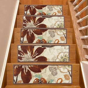 Machine Washable Custom Size Stair Treads Set of 13 and Runner Rug Flowers Design Skid Resistant Stair Tread Custom by Inch and 26&quot; Wide