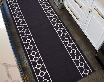 Custom Size Runner Rug Chain Border Black with White Border Skid Resistant Cut To Size Non Slip Runner Rug by Feet and 26", 32" or 36" Width