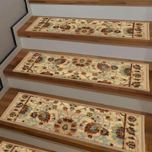 Machine Washable Custom Size Stair Treads Mahal Persian Design Cream Color Customize Skid Resistant Backing Stair Treads ( SET OF 13 )