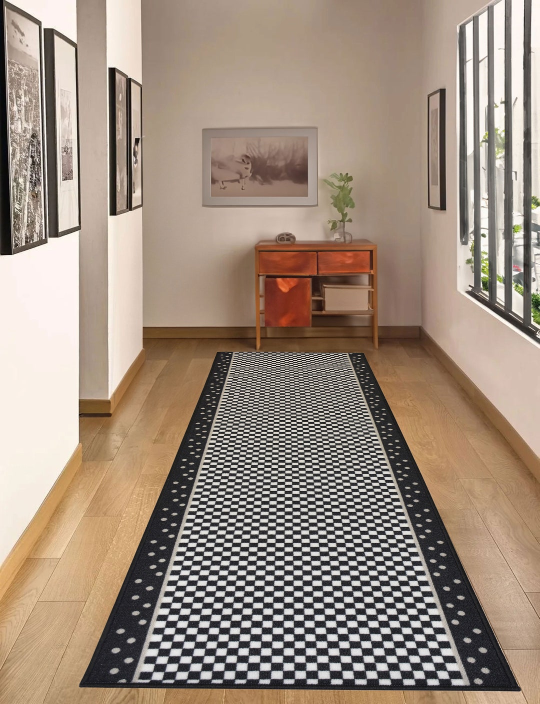 Custom Size Runner Rug Checkered Black White and Grey Skid Resistant