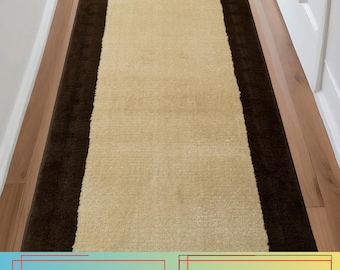 Custom Size, Machine Washable Beige Runner Rug: Skid Resistant Brown Border, 26" Wide and Up to 50 Feet Long
