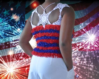 Summer Crochet Top Pattern for Stars Stripes and Dangles summer tank perfect top to celebrate 4th of July or any other holiday in fringe!