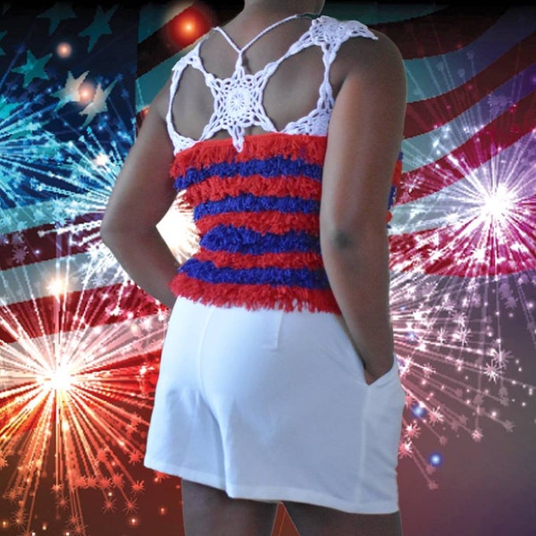 Summer Crochet Top Pattern for Stars Stripes and Dangles summer tank perfect top to celebrate 4th of July or any other holiday in fringe!