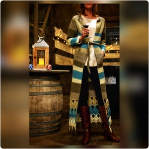 Crochet Pattern for Bridgette Long Sweater Jacket Duster perfect for cool weather fashion forward and chic womens outerwear fall winter coat