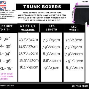 May include: A size chart for trunk boxers with measurements in inches and centimeters. The chart shows waist size, waist measurement, leg length, and leg width.