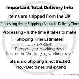 May include: White graphic with text detailing delivery information. The text includes "Items are shipped from the UK", "Processing time + Shipping = Accurate Delivery Time", and shipping time estimates for the UK, Europe, and the rest of the world.