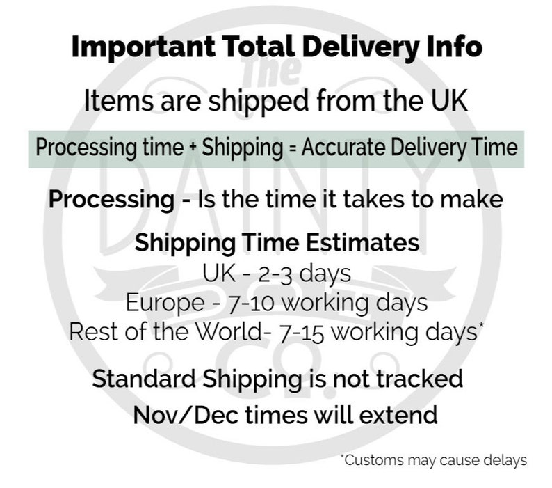 May include: White graphic with text detailing delivery information. The text includes "Items are shipped from the UK", "Processing time + Shipping = Accurate Delivery Time", and shipping time estimates for the UK, Europe, and the rest of the world.