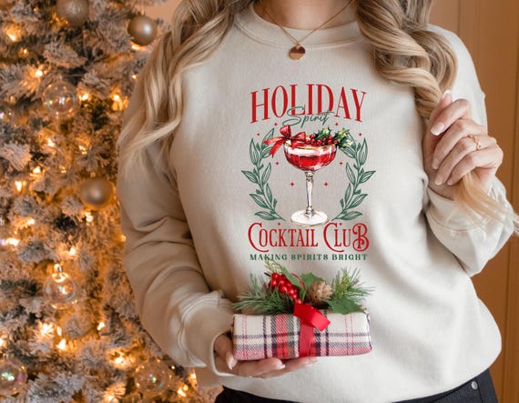 Cute Retro Cocktail Christmas Sweater – Martini Glass & Bow Jumper – Funny Xmas Party Gift Unisex Baggy up to Plus Size