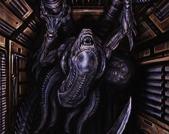 May include: A dark, detailed illustration of an alien creature with a sharp, pointed tail and a menacing expression. The creature is depicted in a dark, industrial setting, with pipes and metal structures surrounding it.