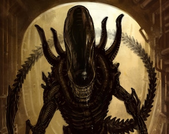 May include: A menacing, dark-toned illustration of an Alien creature. The creature has a long, elongated head, sharp teeth, and a skeletal, insectoid appearance. The background is a sepia-toned industrial setting.