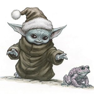Christmas Elf Santa Hat Green Alien Baby Child and his frog!