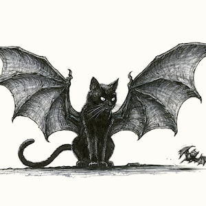 Lámina artística de gato-murciélago, ilustración de criatura gótica (8,5 x 11)