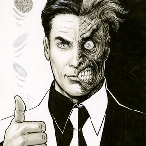 May include: Black and white illustration of a man with half of his face scarred and disfigured. He is wearing a suit with a white shirt and a black tie. He is giving a thumbs up and flipping a coin.