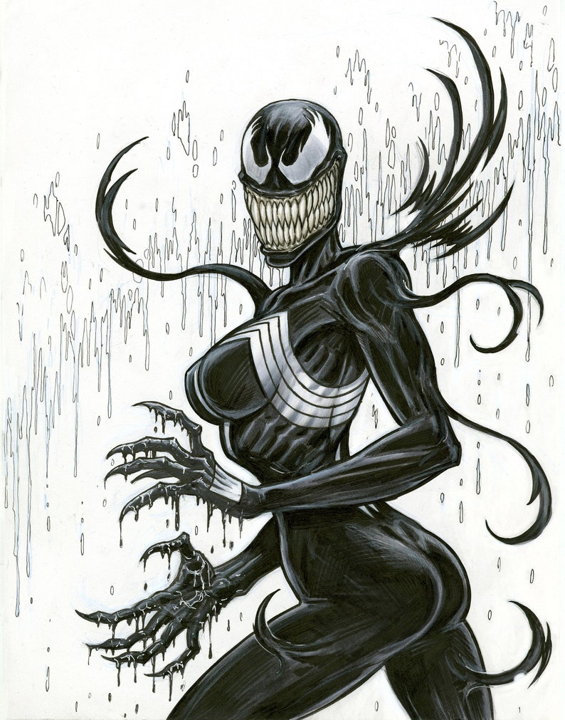 Peut inclure: Illustration en noir et blanc d'un personnage f&eacute;minin avec un large sourire aux dents pointues. Elle porte un costume noir et blanc avec un symbole d'araign&eacute;e blanc sur la poitrine. Ses cheveux sont noirs et flottants, et elle a des griffes ac&eacute;r&eacute;es sur les mains.