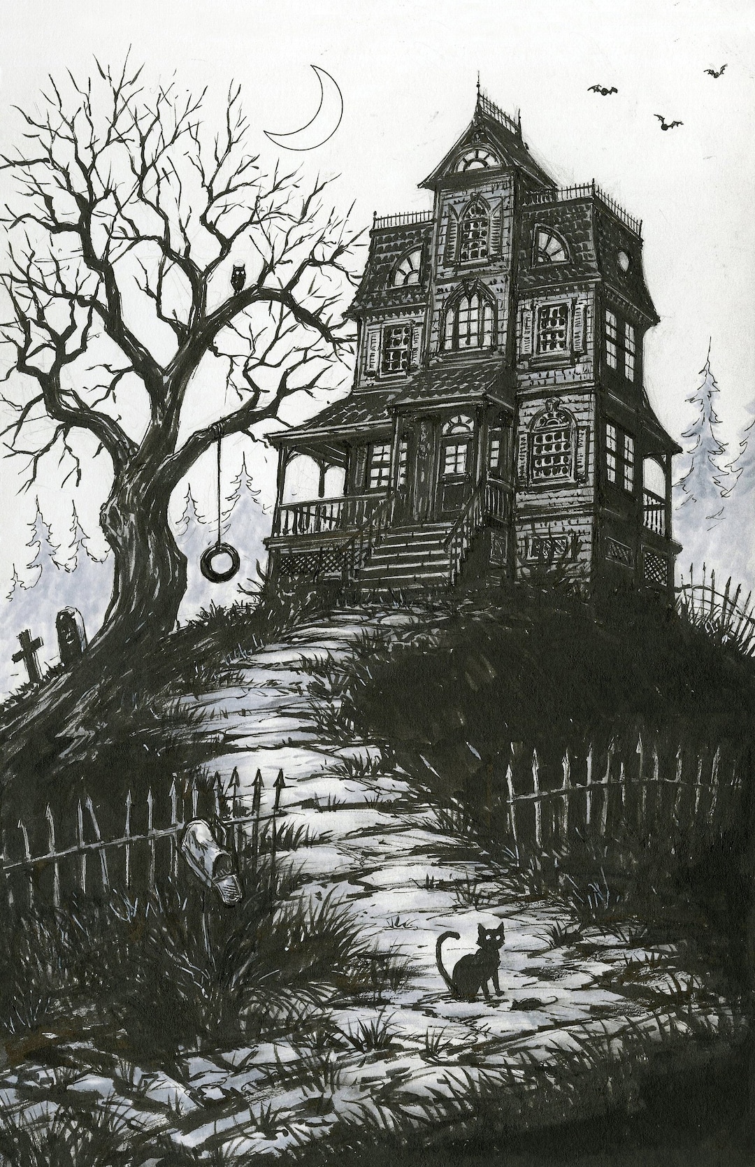 Haunted house design, White pen on black paper, louisaclare10
