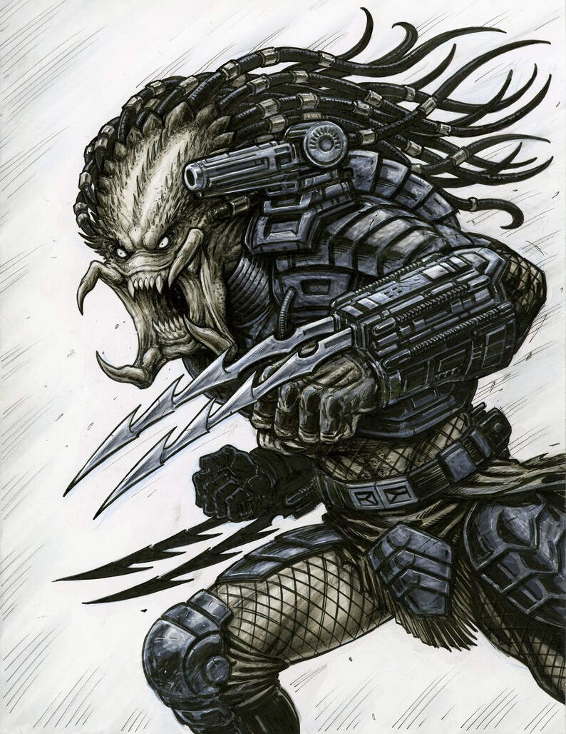 Puede incluir: Una figura de acci&oacute;n Predator negra y gris con una escultura detallada y una expresi&oacute;n amenazante. La figura sostiene un par de cuchillas en su mano derecha y tiene un arma en su hombro.