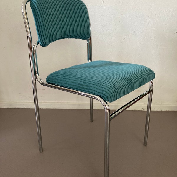 Petrol corduroy dining chair with chrome metal frame