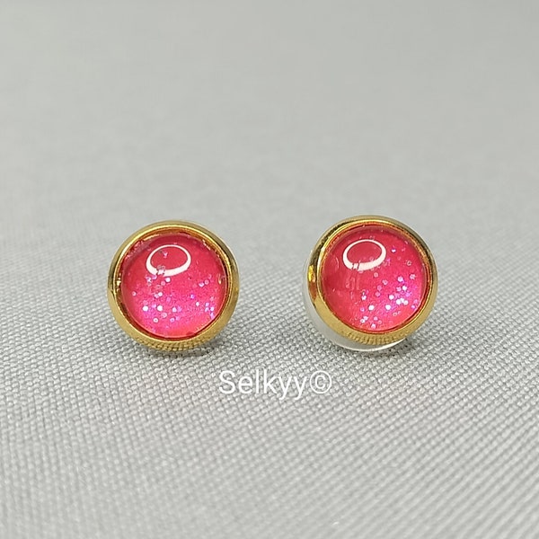 Boucles d'oreille, puces en acier inoxydable doré et cabochons rose pailleté