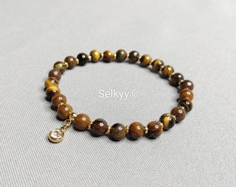 Bracelet femme élastique perles gemmes oeil de tigre marron et perles Miyuki en plaqué or 24K