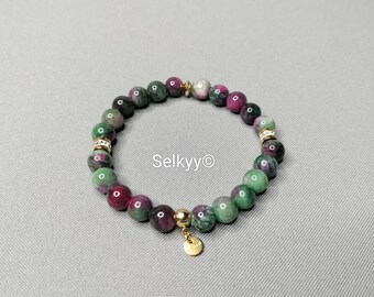 Bracelet femme unique, élastiqué, en tourmaline naturelle et acier inoxydable doré