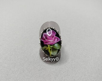 Bague femme fantaisie réglable en acier inoxydable argenté, cabochon en verre rose violette