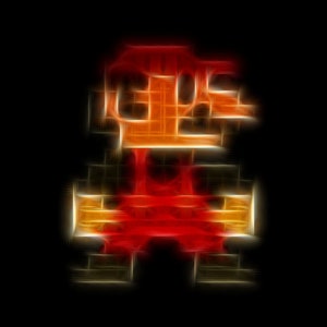 Puede incluir: Una imagen pixelada de un personaje de videojuego. El personaje es rojo y naranja y parece llevar un casco. El fondo es negro.