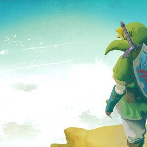 May include: A green-clad figure stands on a cliff overlooking a cloudy sky. The figure is holding a sword and shield, with the iconic Triforce symbol on the shield. The figure is looking out at the horizon, with a sense of determination.