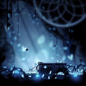 May include: A dark blue and black background with a wooden platform in the center. The platform is surrounded by glowing blue butterflies and vines. A large, white, circular dreamcatcher hangs in the background.