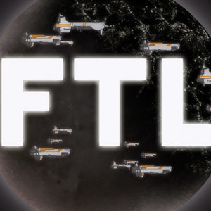 May include: A white text graphic of the letters "FTL" against a dark background. The letters are surrounded by a ring of small, white and orange spaceships.